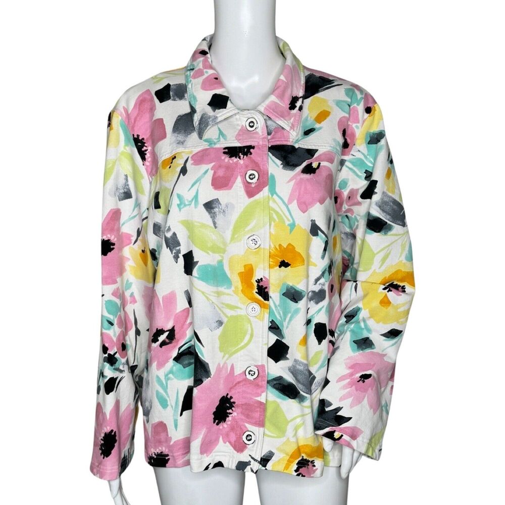 Alfred Dunner Jacket Women XL White Pink Floral Flower Jersey Granny‎ Grandma
